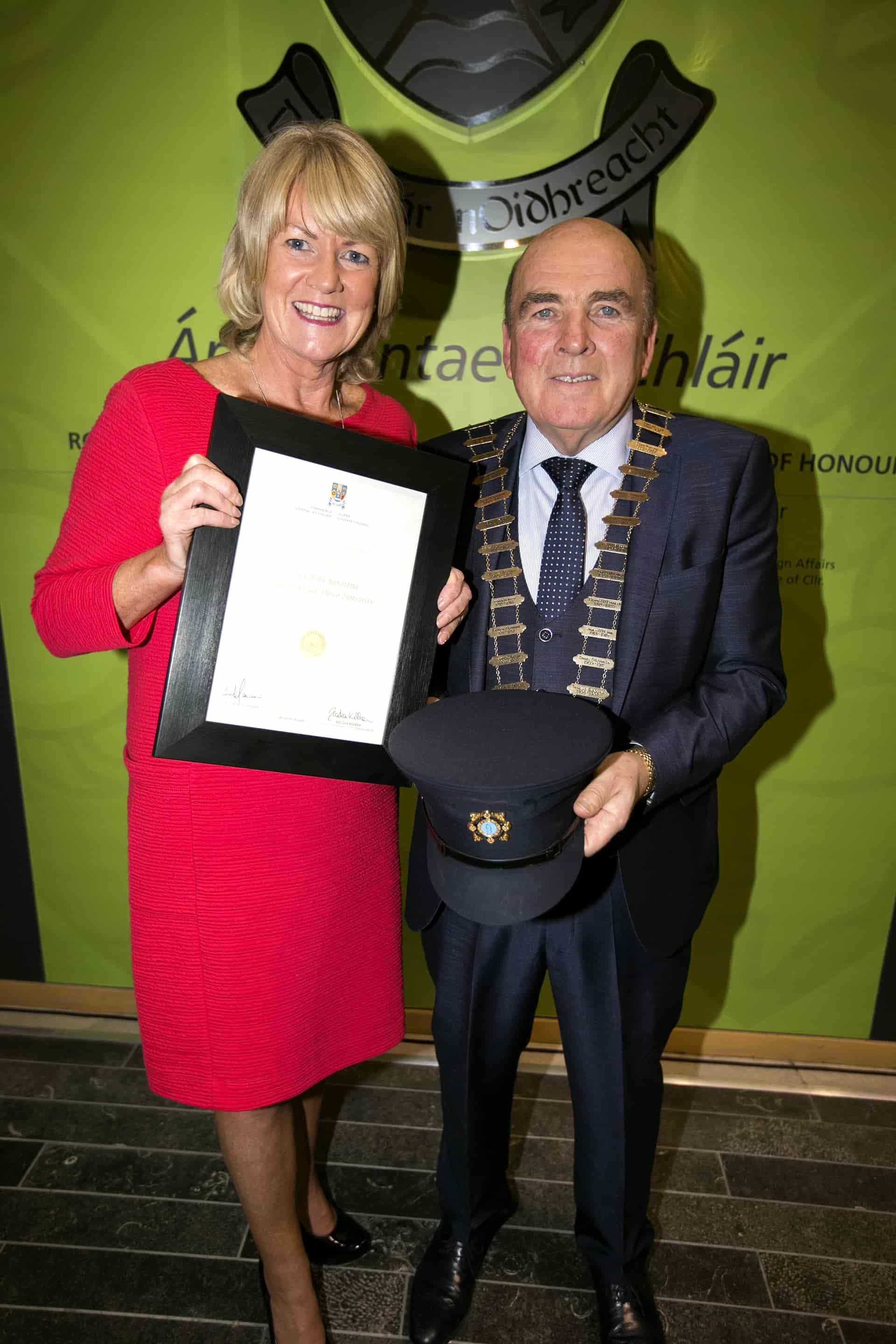 Mayor of Clare Tom McNamara presents the Pride of Place award to Therese Flannery, Juvenile Liason Officer.Pic Arthur Ellis