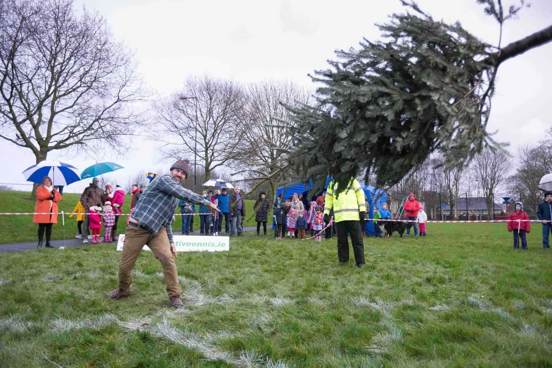 Garry O'Growney, Kilfenora competing in the Irish Christmas Tree Throwing Championships at Tim Smyth park, Ennis. Photograph by Eamon Ward
