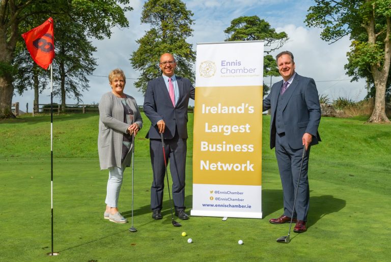 Gwen Culligan of County Boutique and Chamber Vice President with Ennis Chamber President Diarmuid McMahon and Seán Lally of Hotel Woodstock at the launch of the Ennis Chamber Golf Classic
