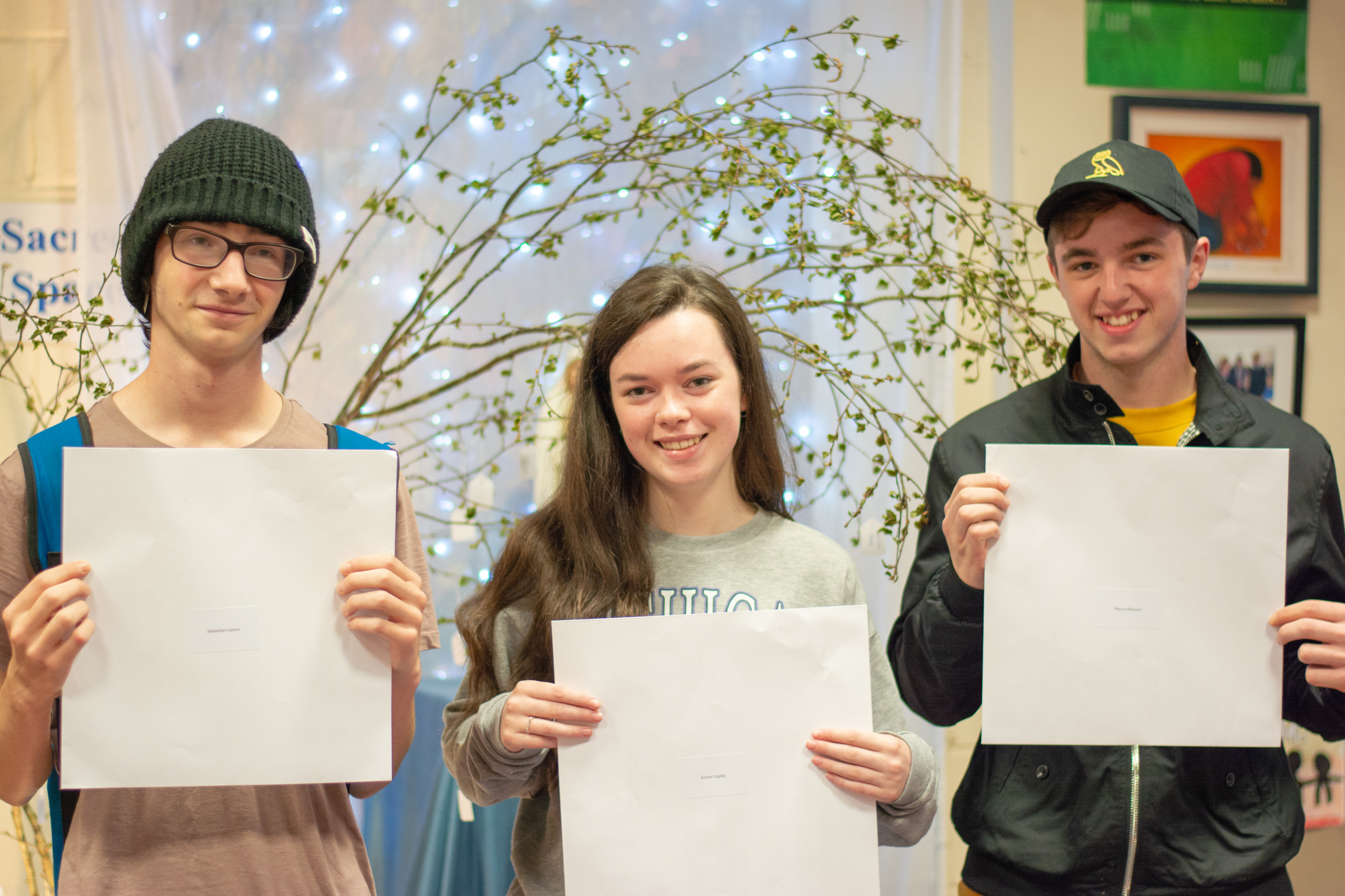 Sebastian Lievre, Grace Copley and Marco Messori receiving their Leaving Cert Results. Photo by Julie Tillett