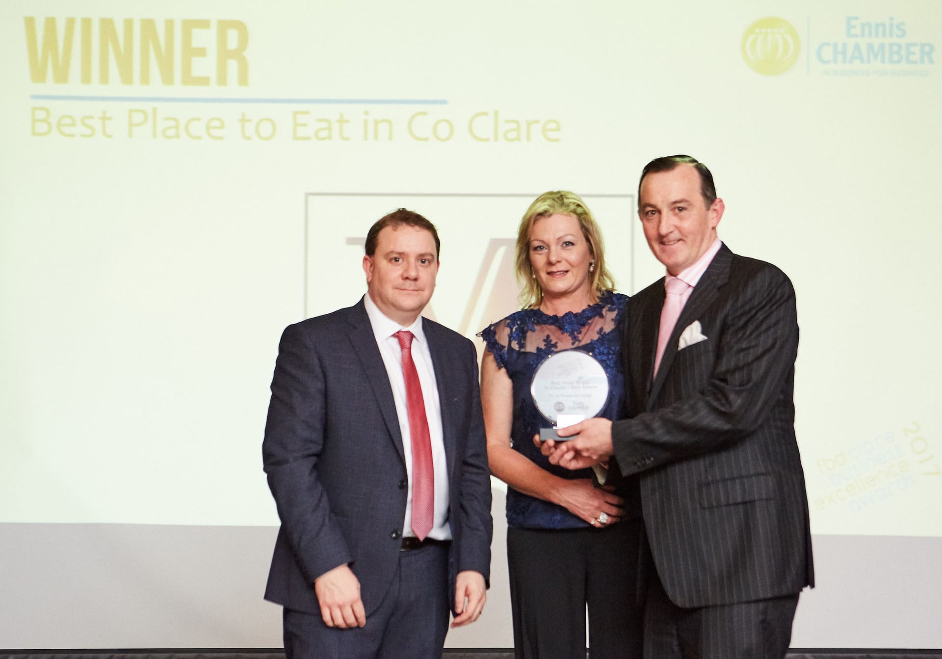 Michael and Maria Vaughan of Vaughan Lodge Lahinch accept award for Best Place to Eat in Clare from William Cahir President of Ennis Chamber