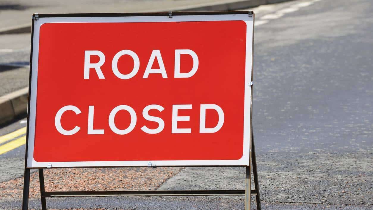 British road closed sign on a street in Scotland