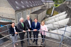 Oonagh Buckley, Secretary General of the Department of Climate, Energy and the Environment; Terence O’Rourke, Chairman of ESB; Paddy Hayes, CEO of ESB; Minister for Climate, Energy and Environment Darragh O’Brien; and Bevin Cody, ESB Networks, pictured at an EU Presidency event at Ardnacrusha hydroelectric power station