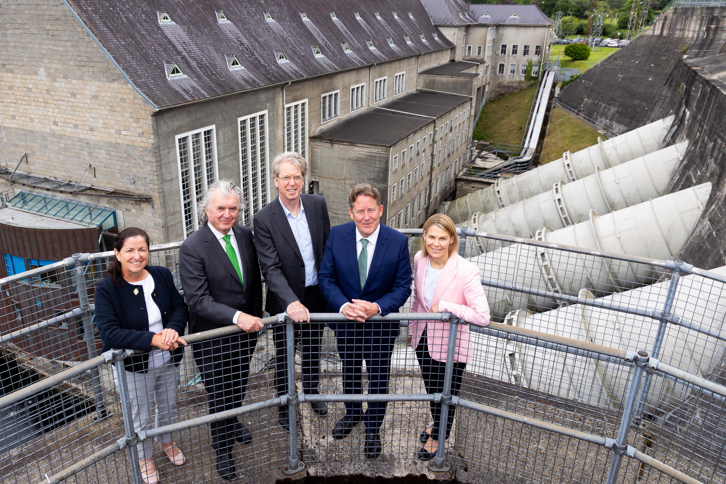 Oonagh Buckley, Secretary General of the Department of Climate, Energy and the Environment; Terence O’Rourke, Chairman of ESB; Paddy Hayes, CEO of ESB; Minister for Climate, Energy and Environment Darragh O’Brien; and Bevin Cody, ESB Networks, pictured at an EU Presidency event at Ardnacrusha hydroelectric power station