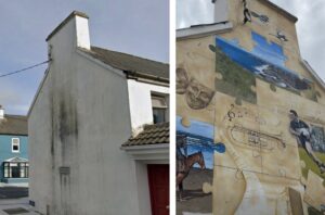 Bolands Corner Doonbeg || (L) Before the mural commenced, (R) After the mural in progress || (R) Photo via Clare County Council's Facebook Page