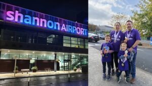 Shannon Airport lit up for Wave of Light || Inset: Louise Ryan with husband Greg and sons Jake and Luke