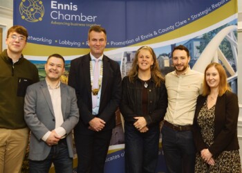 Evan Hanley of TFI Local Link, Seán Torpey of Torpey, Ennis Chamber President Frank Holly, Rosie McMahon from Shannon Estuary Way, TFI Local Link's Cillian Griffey and Lisa Glynn of Shannon Springs Hotel.